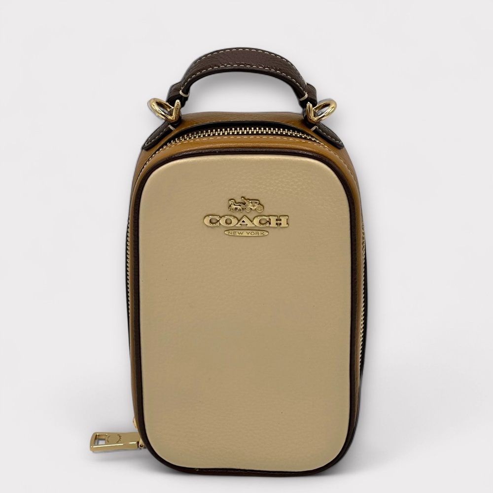 Coach Eva Phone Crossbody – Colorblock Pebble Leather – Tan/Beige - Picture 2 of 15